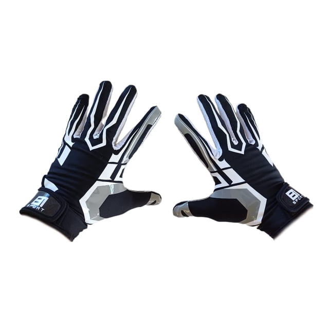 guantes de fútbol americano 81 sport tochito transpirables y antideslizantes par de guantes negros con vivos blancos, vista frontal de palmas y dorsos; silueta ajustada con cierre de velcro en muñeca, palma acolchada y zonas de agarre antideslizante visibles, paneles de tejido transpirable en dedos, adecuados para juego de flag/tochito y entrenamiento.
