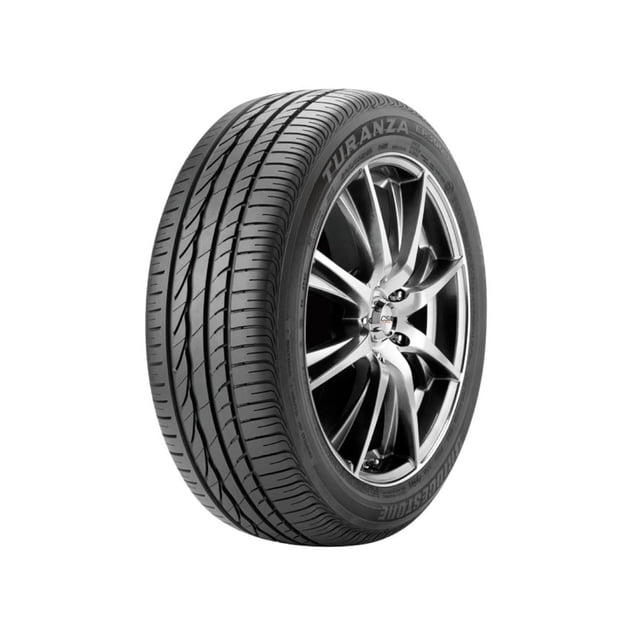 llanta 185/60 r15 84h bridgestone turanza er300, vista 3/4 frontal de neumático con dibujo direccional de bandas longitudinales y hombros ranurados, marca Bridgestone y modelo Turanza visibles en la pared lateral; diseñada para agarre en seco y mojado, estabilidad y mayor comodidad; no incluye rin. A menudo usada como reemplazo en autos de turismo compacto.