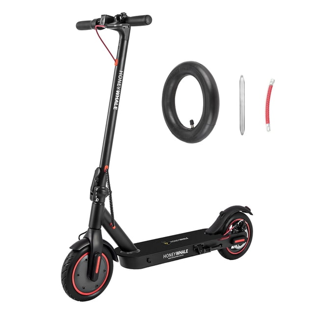 scooter eléctrico honey whale e9 pro v2 negro Nuevo Modelo con cámara de aire, vista 3/4 frontal del scooter negro con acentos rojos y logo HONEYWHALE en el tubo, manillar recto, plataforma baja y guardabarros trasero; se muestran cámara de aire y llave de válvula. Especificaciones: 32 km/h, 500 W, 22 km autonomía, carga hasta 120 kg; también adecuado para traslados urbanos cortos.