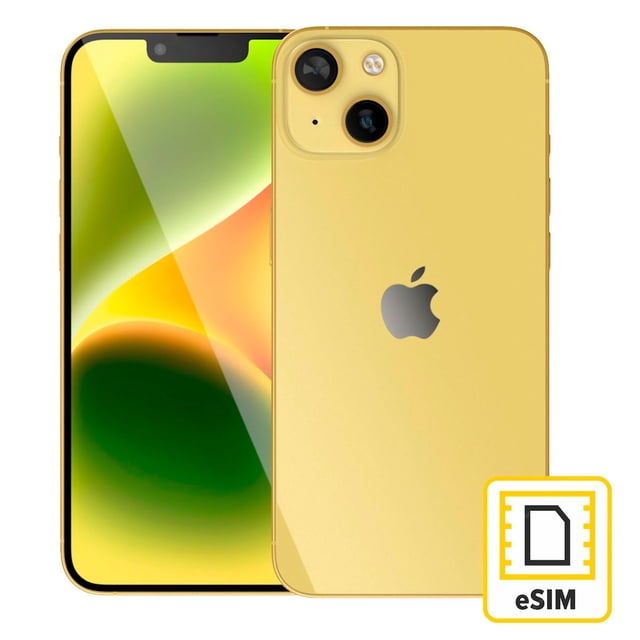 apple iphone 14 128gb amarillo reacondicionado esim vista frontal y trasera centrada, color amarillo, pantalla con esquinas redondeadas dentro de un rectángulo estándar, doble cámara trasera en disposición diagonal, logo Apple en centro trasero y pequeño icono que indica eSIM; dispositivo reacondicionado con batería entre 80 y 90% y estética superior a 8, a menudo usado como teléfono principal o para viajes.