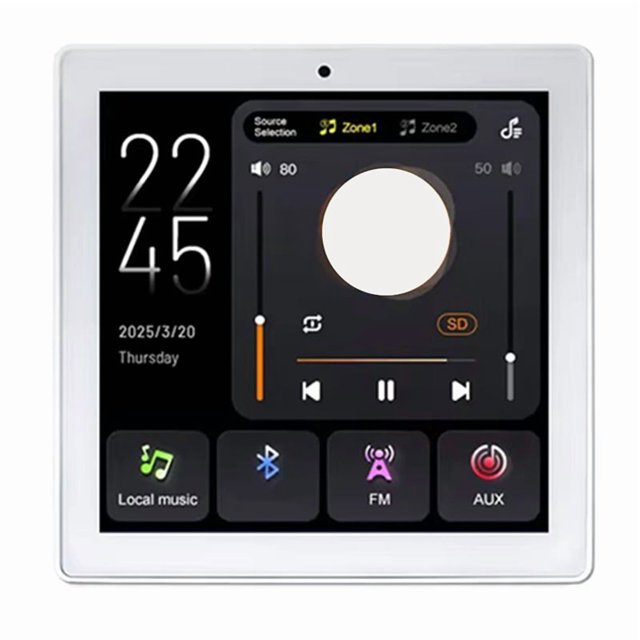 Amplificador de Pared de 4 Pulgadas con Pantalla de Control Central Integrada, Panel de Música Inteligente Bluetooth, Lector de Tarjetas USB TF de 25 W