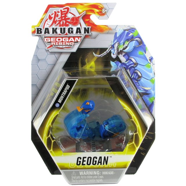figura aquos montrapod bakugan geogan rising 2021 Figura de acción Aquos Montrapod azul translúcido en empaque hexagonal, vista frontal que muestra la figura en modo abierto con cartas coleccionables visibles y el logo Bakugan Geogan Rising en el cartón superior; a menudo usada para exhibición en colecciones.
