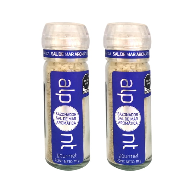 alpont gourmet molinillo sal de mar aromática 111g 2 piezas dos molinillos frontales con tapa giratoria, sal de mar gruesa visible en frascos transparentes, etiqueta azul con texto 'sazonador sal de mar aromática' y logo Alpont, contenido neto 111 g por pieza; también usado como sazonador de mesa para carnes y ensaladas.