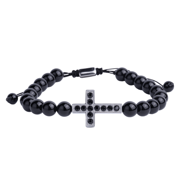 Pulsera Hombre de Cruz LUCKMAN, Jade Negro, Zirconias y Acero Inoxidable, Modelo Pier