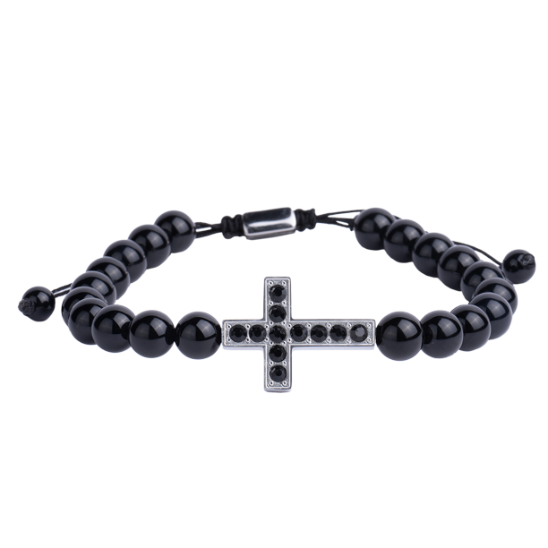 Pulsera Hombre de Cruz LUCKMAN, Jade Negro, Zirconias y Acero Inoxidable, Modelo Pier