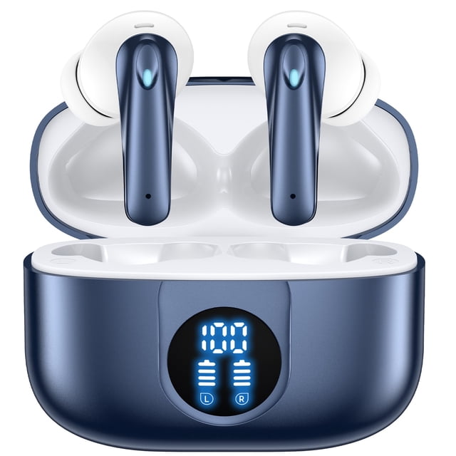 v5.4 auriculares bluetooth inalámbricos auriculares bluetooth 60 horas de batería con cancelación de ruido llamadas claras micrófono incorporado resistente al agua ipx7 Vista frontal 3/4 con estuche abierto mostrando auriculares TWS azul marino con tallos y puntas blancas; estuche compacto azul marino con pantalla LED frontal que muestra nivel de batería y iconos L/R, botones táctiles y emparejamiento automático visibles; diseño ergonómico para uso prolongado, adecuado para llamadas y música en viaje.