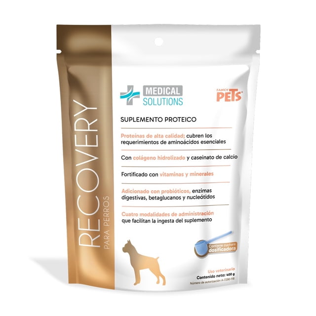 proteína para perro con colágeno y probióticos suplemento Paquete frontal de 400 g MS Recovery de MEDICAL SOLUTIONS, bolsa blanca y dorada vista centrada; suplemento proteico con colágeno hidrolizado, caseinato, probióticos y vitaminas, incluye cuchara dosificadora y silueta de perro, indicado para recuperación, masa muscular y digestión; adecuado para perros convalecientes y atletas.