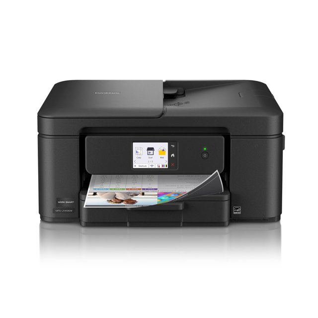 impresora brother mfc-j1410dw multifuncional inalámbrica a color negra, vista frontal centrada con bandeja frontal abierta y hoja a color saliendo, pantalla táctil a color de 2.7 pulgadas visible, alimentador automático de documentos (ADF) en la parte superior y bandeja para 150 hojas; a menudo usada para escaneo rápido y copiado en oficinas pequeñas.
