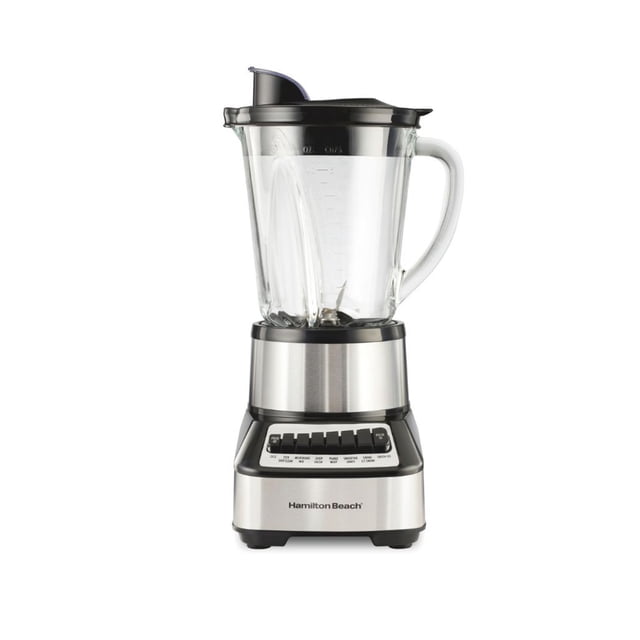 licuadora hamilton beach 8 velocidades 700 w 1.2 l mod. 54221j-mx color negro, vista frontal con jarra de vidrio de 1.2 L y pico vertedor, base metálica y negra con panel de 8 botones de velocidad y funciones, cuchillas de acero inoxidable visibles y cable guardado en la base sobre fondo blanco; también adecuada para preparar batidos y salsas caseras.