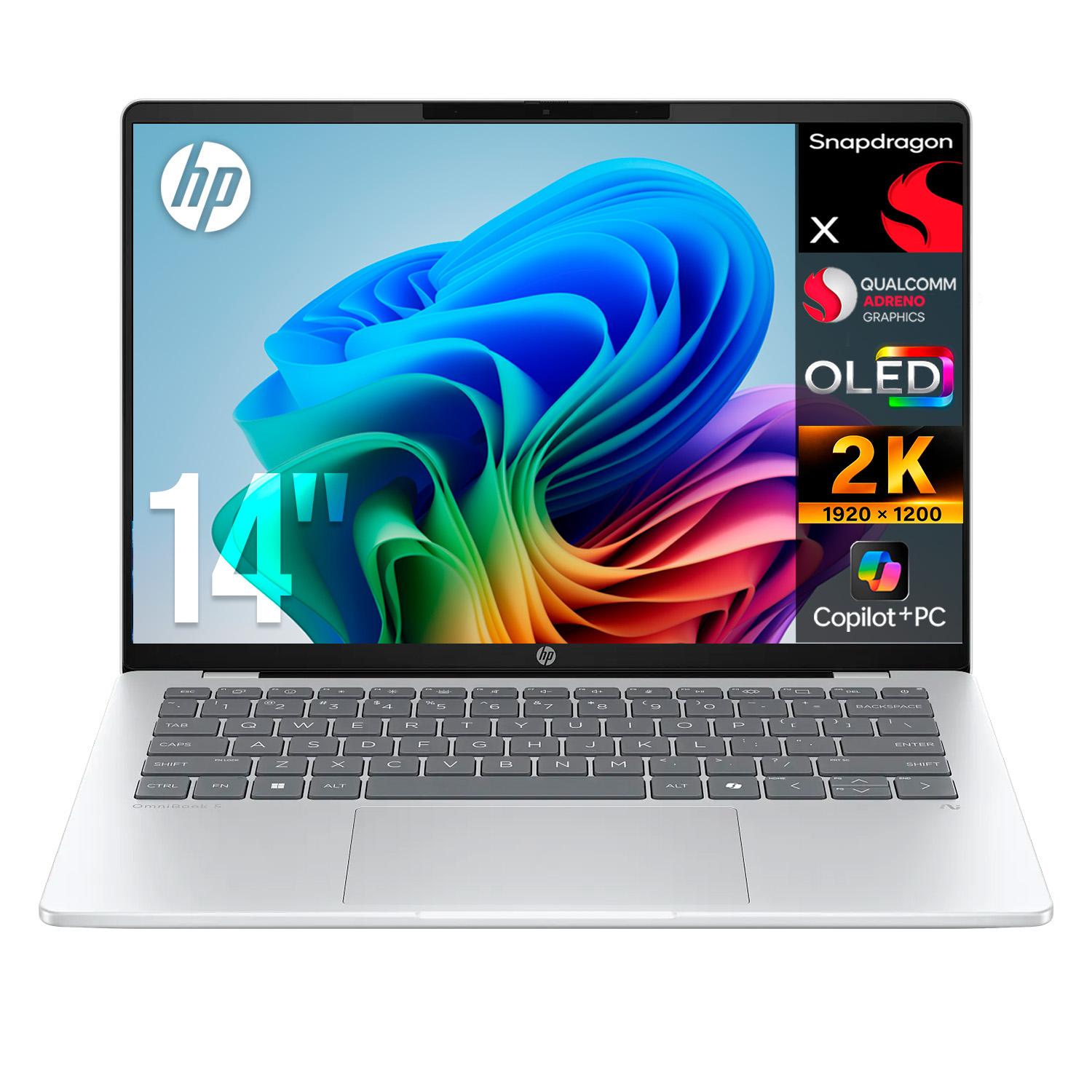 Laptop IA PC HP Omnibook 5 AI 14-he0017nr Snapdragon X 16GB LPDDR5x SSD 256GB Pantalla 14" OLED 2K Copilot+ PC NPU 45 TOPS Windows 11 Teclado Ingles Reacondicionado