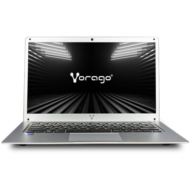laptop vorago celeron n4020 8gb 64gb ssd 500gb 14 plata alphaplus4020-10-3 portátil gris Vorago, vista frontal de 14" con pantalla abierta, teclado en isla y touchpad centrado; pantalla con logo Vorago y webcam superior; especificada con Celeron N4020, 8 GB RAM y almacenamiento 64 GB SSD + 500 GB HDD; a menudo usada como equipo móvil secundario.