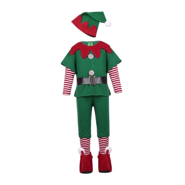 conjunto de disfraz de duende sunnimix navidad 150cm disfraz navideño de poliéster verde con cuello rojo en picos, mangas y medias a rayas rojas y blancas, pantalón verde y cinturón ancho negro con hebilla; incluye gorro verde y rojo con pompon blanco y cubre zapatos rojos. Adecuado para fiestas temáticas, presentaciones y sesiones fotográficas festivas.