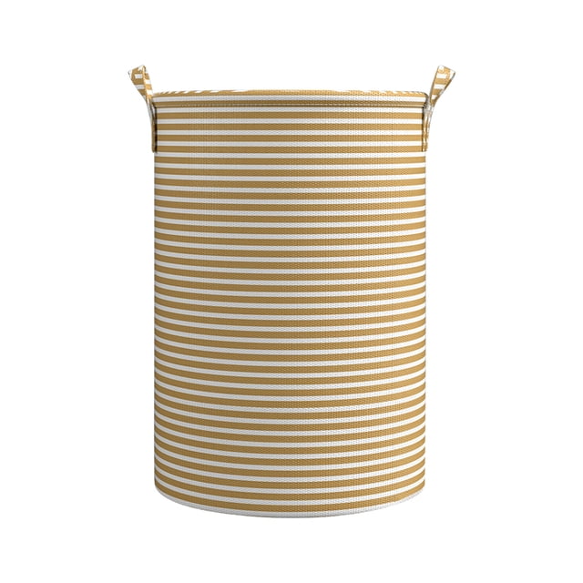 xihbxyly cesto para ropa sucia Solución de almacenamiento plegable de tela resistente, vista frontal centrada de cesto cilíndrico rayado multicolor (blanco y mostaza) con asas superiores y borde cosido, tamaño 45 x 32 x 1 cm; para cuarto de lavado o baño, también adecuado como organizador multiusos para ropa ligera o juguetes.