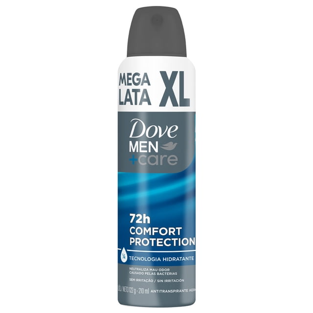 desodorante antitranspirante aerosol dove men cuidado total de 210 ml, lata XL frontal blanca y azul con tapa gris, marca Dove Men+Care y texto visible "72h Comfort Protection" y "tecnología hidratante", envase vertical que indica protección prolongada; formato aerosol apto como opción práctica para viajes.