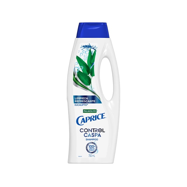 shampoo caprice control caspa limpieza refrescante eucalipto 750 ml, botella frontal blanca de 750 ml con tapa azul y asa ergonómica; etiqueta con hojas de eucalipto, textos "Control Caspa" y "Limpieza Refrescante" y logo Caprice visibles.