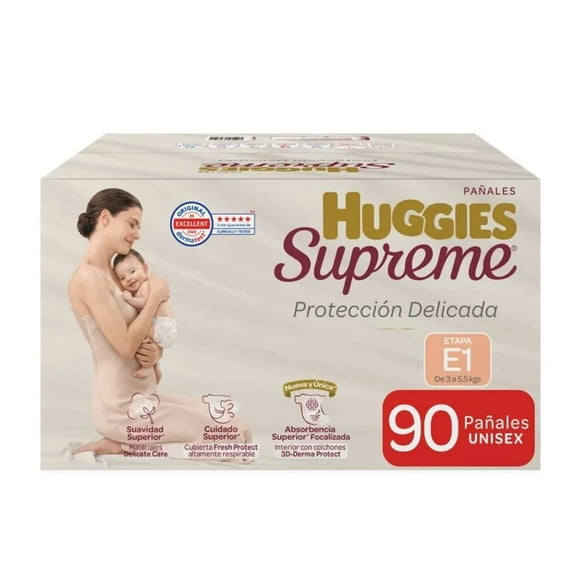 Huggies Supreme Etapa 1 Protección Delicada 90 Pañales con Indicador de Humedad, Bolsa Antiescurrimientos y Cubierta Suave
