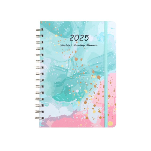 xihbxyly planificador personalizado 2024, diseño semanal y mensual, tapa dura con diseño floral, 21,5 cm x 16,2 cm, vista frontal centrada con encuadernado espiral; portada multicolor acuarelada turquesa y rosa con motas doradas, elástico lateral y esquinas redondeadas, formato portátil para organizar tareas y citas.