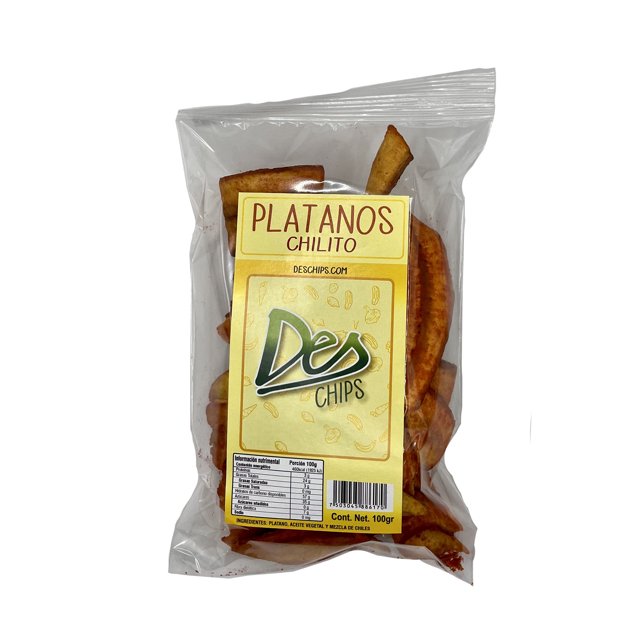 chips botana de vegetales horneados deshidratados, libres de glúten, veganas x 3 bolsas de 100 gr cada una - sabor plátano chilito bolsa frontal única con chips de plátano tostado visibles, etiqueta amarilla con logo DES CHIPS y tabla nutrimental legible; ideal como snack para oficina o para agregar a ensaladas.