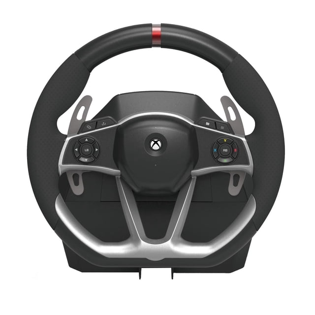 volante hori dxl ab05-001u force feedback negro para Xbox Series X y PC, vista frontal centrada de volante de carreras con aro forrado en goma texturizada y marcador rojo superior, paletas de cambio metálicas sólidas, botones tipo Xbox en el cubo central y base con abrazaderas de montaje; a menudo usado también como control de simulador doméstico para sesiones de práctica.
