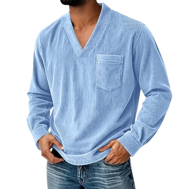 Ceisia Men's Loose V-Neck Corduroy Long Sleeve Casual Top with Chest Pocket Sky Blue XL Gifts