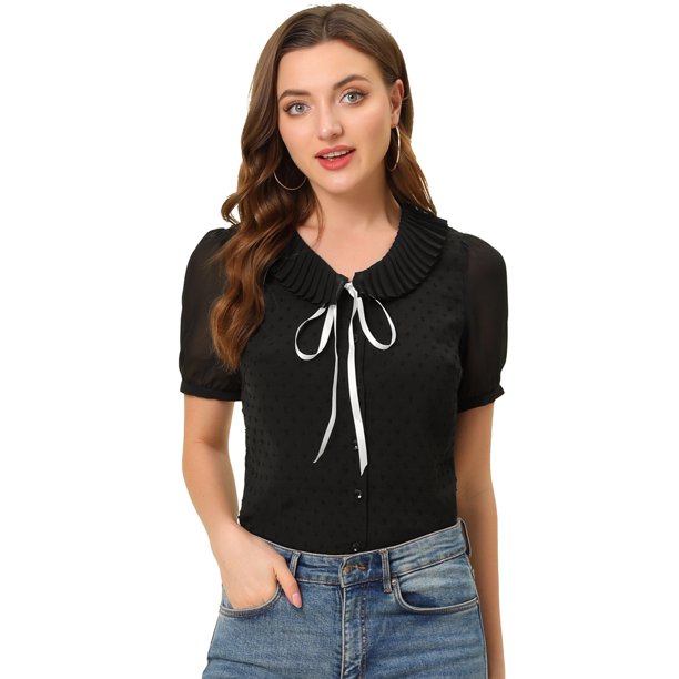 Allegra K Blusa Informal De Manga Corta Con Escote Plisado Y Lazo para Mujer Negro M