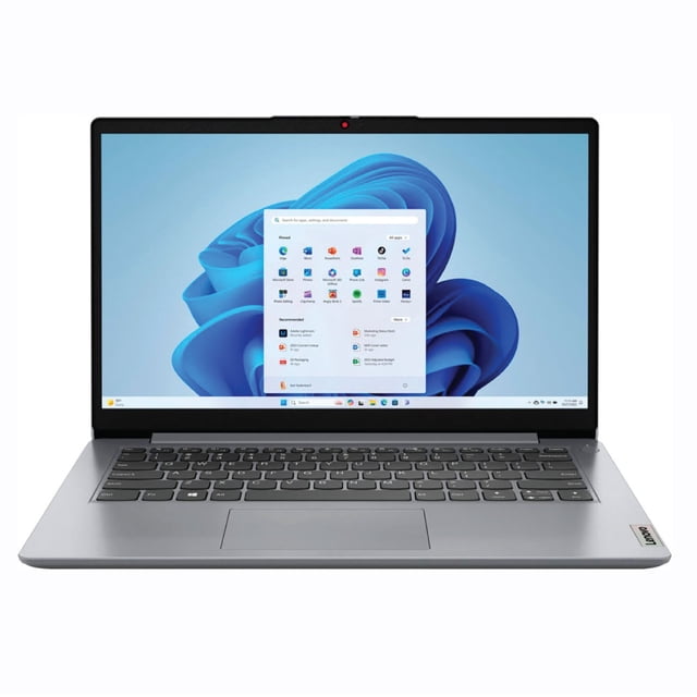 laptop lenovo 14 pulgadas led hd 1366x768 intel celeron n4020 128 gb emmc 4 gb ram windows 11 home vista frontal centrada con pantalla LED de 14 pulgadas mostrando Windows 11, chasis color plata, teclado tipo isla y touchpad amplio, webcam HD 720p con obturador de privacidad en el bisel superior; puertos visibles USB-C, USB 3.2, USB 2.0, HDMI y lector de tarjeta SD. A menudo usada como equipo portátil para navegación y documentos.