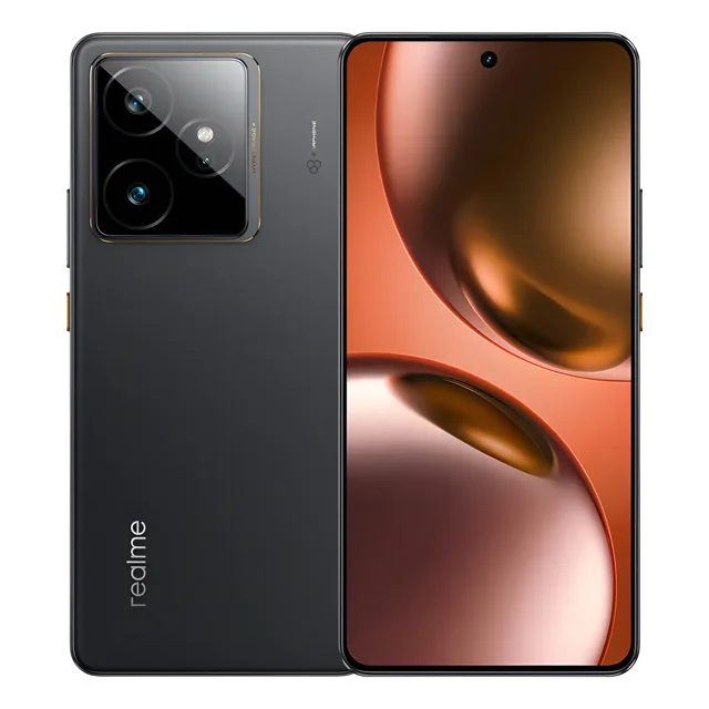 celular realme gt 7 android 15 12gb 512gb, batería 7000 mah carga supervooc 120w cámara 50mp 5g dual sim, versión méxico negro vista centrada front/back: teléfono negro 6.78" 1.5K con perforación para cámara frontal, reverso mate con módulo grande de cámaras traseras y logo realme vertical; perfil delgado con botón lateral; 5G y Wi‑Fi 7, adecuado como dispositivo para creación de contenido móvil.