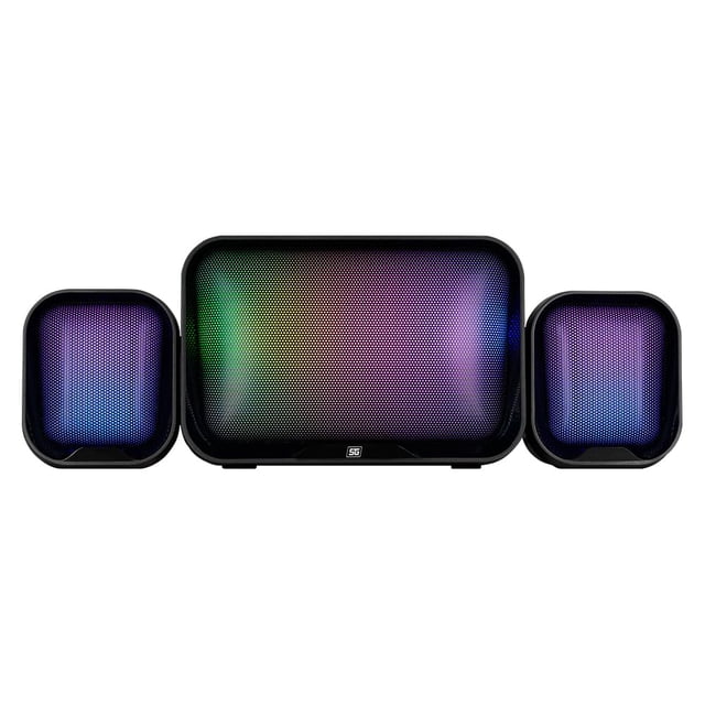 vorago start the game spk-255 bocinas gamer rgb sistema 2.1 entrada 3.5mm usb ideal para laptop pc color negro Vista frontal centrada de sistema 2.1 en negro con subwoofer rectangular y dos satélites cuadrados; rejillas perforadas muestran iluminación RGB multicolor. Según especificaciones, se alimenta por USB y conecta por entrada auxiliar 3.5 mm con controlador manual para volumen e iluminación. Ideal para setup de PC o laptop y apto para streaming y multimedia.