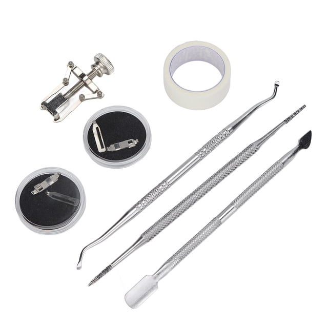 kit corrector de uñas encarnadas buyweekmx juego en acero inoxidable con recogedor de 34°, lima de doble extremo recta y curva, dispositivo corrector con tornillo, cinta transpirable, piezas de repuesto y cajas de almacenamiento, disposición cenital sobre fondo blanco; también suele usarse para limpieza precisa y mantenimiento de uñas.