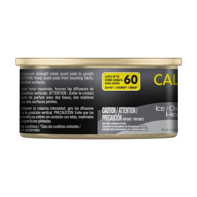 aromatizante para automovil california scents ice lata rosa con tapa de aluminio, vista frontal centrada de envase cilíndrico con etiqueta negra y gris y sello amarillo que indica duración hasta 60 días; fragancia Ice de aroma intenso con base en aceite para liberación fuerte; a menudo usado también para aromatizar espacios pequeños del hogar.