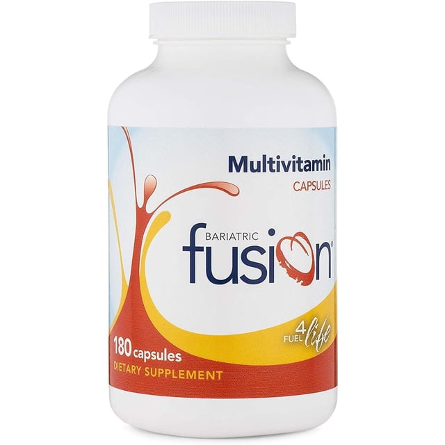 bariatric fusion multivitamin | 90 servings | 180 capsules Frasco blanco, vista frontal, etiqueta con logo Bariatric Fusion y texto "Multivitamin capsules"; diseño gráfico en naranja y amarillo y leyenda "180 capsules" visible. Multivitamínico descrito en especificaciones para apoyar el suministro de vitaminas y minerales después de la cirugía bariátrica; a menudo usado por personas tras la operación para complementar nutrientes.