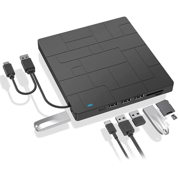 Unidad óptica DVD externa, reproductor de DVD USB 3.0 tipo C con 4 puertos USB y lector de tarjetas SD, unidad de disco portátil, para PC/Mac