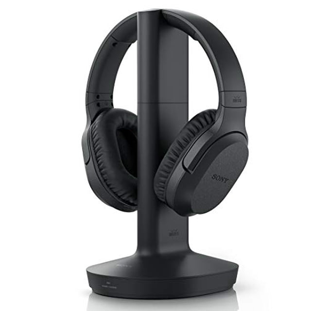 sony rf400 wireless home theater headphones for watching tv (whrf400), black — Auriculares inalámbricos para cine en casa en vista frontal centrada sobre base transmisora vertical; diadema acolchada ajustable y copas circumaurales negras con logo Sony, botones visibles en el auricular derecho y base redonda transmisora. Ficha indica controladores de 1.57" y reducción de ruido; también se usan frecuentemente para ver TV o series sin cables en habitaciones grandes.