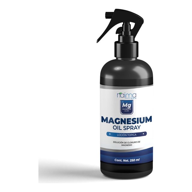 aceite de cloruro de magnesio 250 ml concentrado spray neutra Naima Magnesium Oil Spray, botella frontal negra con atomizador; etiqueta blanca y azul que muestra "Magnesium Oil Spray", "loción tópica" y "Cont. Net. 250 ml"; solución de cloruro de magnesio de uso externo, adecuada para masaje o uso en spa.