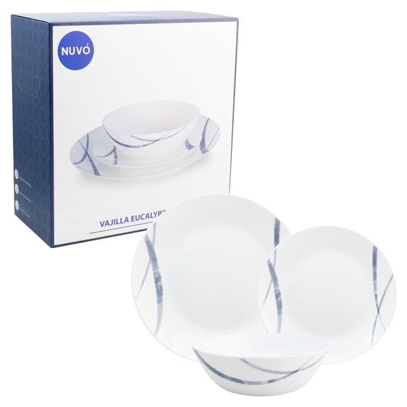 Vajilla Nuvo de Vidrio Opal de 12 Piezas para 4 Personas, Linea Azul Minimalista