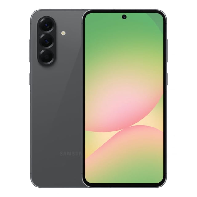 celular samsung galaxy a56 256gb+8gb ram negro desbloqueado 3/4 frontal y posterior, smartphone negro con pantalla Super AMOLED de 6.6" y orificio central para selfie, tres cámaras traseras en columna (sensor principal 50 MP con OIS, ultra gran angular 12 MP y macro 5 MP), marco metálico delgado y logo Samsung en la parte trasera; suele usarse también para grabar video y streaming en movilidad.