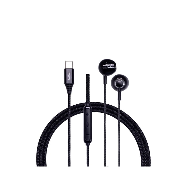 audífonos in ear, entrada usb c, manos libres con micrófono control de música/llamadas, compatible c LITY negro — vista frontal centrada de audífonos semi-in-ear negros con conector USB-C y cable trenzado de 1.2 m; control en línea con botones de reproducir/pausa, volumen y pista, micrófono integrado, drivers de 10 mm y respuesta 20 Hz–20 kHz. Su diseño los hace adecuados para llamadas y uso diario en tránsito.
