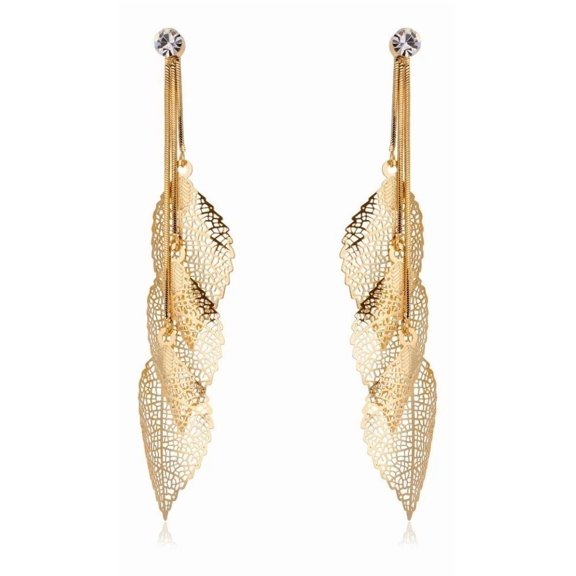 Finos Aretes Largos Hojas Filigrana Swarovski Oro 14k Lam dorado Unitalla