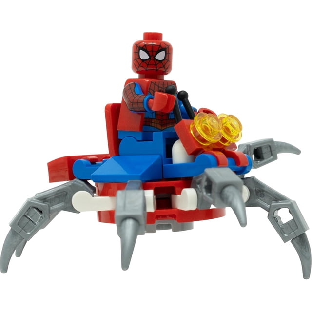 lego superheroes: spiderman minifigure with spider-crawler - ages 6+ Figura de Spider-Man roja y azul con estampado de telaraña, sentada y sujetando controles en un spider-crawler compacto; plataforma circular roja y azul con cuatro patas articuladas grises con puntas y dos piezas transparentes amarillas en el frente. Adecuado también para exhibir en colecciones de figuras pequeñas.