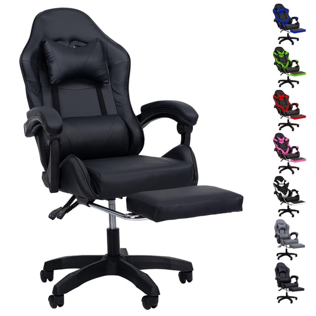 silla gamer reclinable con reposa pies silla gaming ergonómica ajustable negro SELECTSHOP, vista 3/4 frontal de silla gaming negra con respaldo alto curvado, cojín lumbar y almohada cervical, apoyabrazos acolchados, base con ruedas y reposa pies extensible desplegado; tapizado tipo cuero sintético y palanca de reclinado visible, también adecuada para estaciones de trabajo en casa.