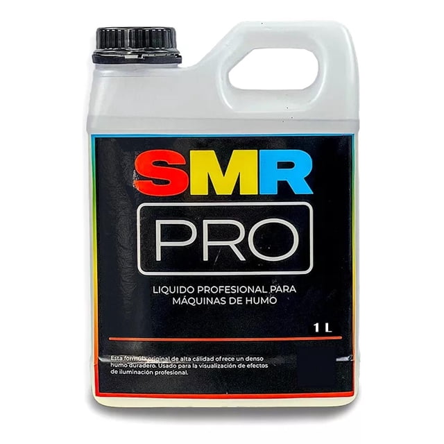 liquido para humo niebla smr pro fragancia neutro 1l Botella de plástico blanca de 1 L con etiqueta negra y logo SMR PRO en colores, vista frontal centrada; tapa roscada negra, asa superior y texto que indica "liquido profesional para máquinas de humo", presenta olor neutro y efecto niebla; adecuada para transporte corto en eventos.