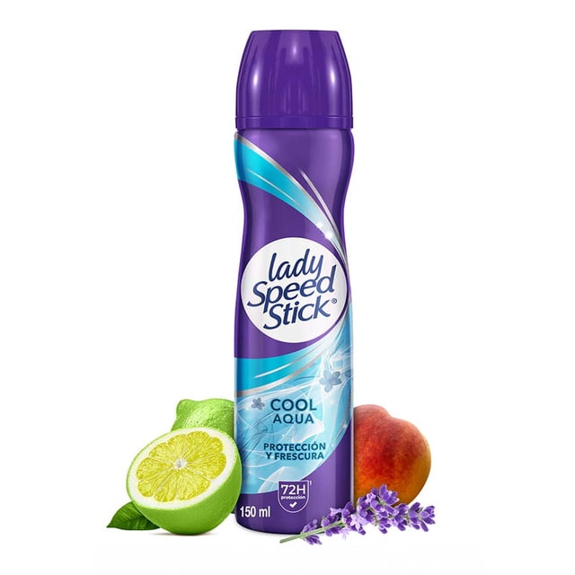 desodorante mujer lady speed stick cool aqua antitrasnpirante en aerosol 150 ml bote frontal morado y azul con logo Lady Speed Stick, texto 'Cool Aqua' y 'Protección y Frescura 72H', capacidad 150 ml; elementos de lavanda, fruta cítrica partida y durazno que sugieren la fragancia.