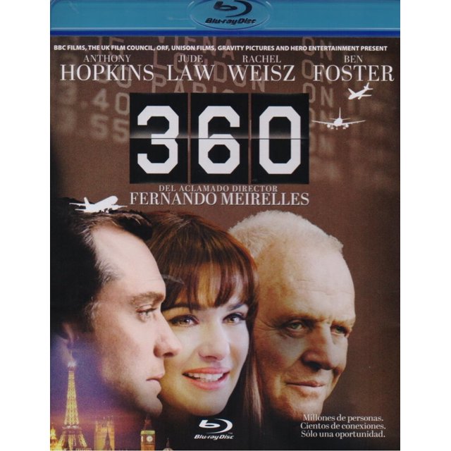 pelicula 360 on screen films blu-ray fernando meirelles 2011 carátula frontal con el título '360', créditos de reparto (Anthony Hopkins, Jude Law, Rachel Weisz, Ben Foster) y crédito al director Fernando Meirelles; fondo marrón con siluetas de aviones y la torre Eiffel, logo Blu-ray y marca ON SCREEN FILMS.