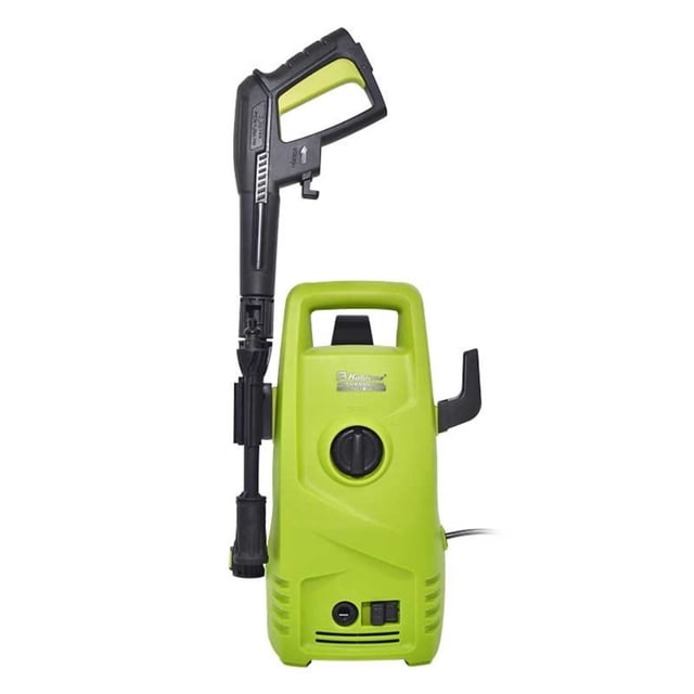 hidrolavadora koblenz automotriz hl-145v 1400 ps1 verde, vista frontal con cuerpo compacto y asa superior; pistola de gatillo negra fijada al lateral, manguera de alta presión conectada y cable de 3 m visible en la base; panel frontal con perilla circular y tomas de conexión. Adecuada para lavar autos y superficies exteriores, suele usarse también para limpiar pisos exteriores.