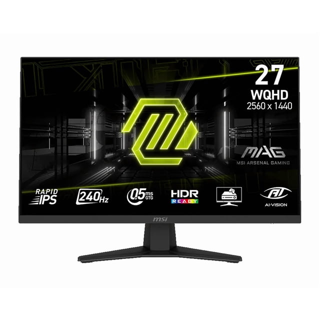 monitor gamer 27 msi mag 274qf x24 0.5ms 240hz wqhd ips anti-glare freesync — Vista frontal centrada de monitor MSI negro de 27" WQHD (2560x1440) con peana en 'V' y bisel inferior delgado. Panel IPS muestra gráficos negros y verdes con logotipo MAG, iconos de 240 Hz, 0,5 ms GtG, HDR y AI Vision; acabado anti-reflejo. A menudo usado para juego competitivo y configuración de escritorio gamer.