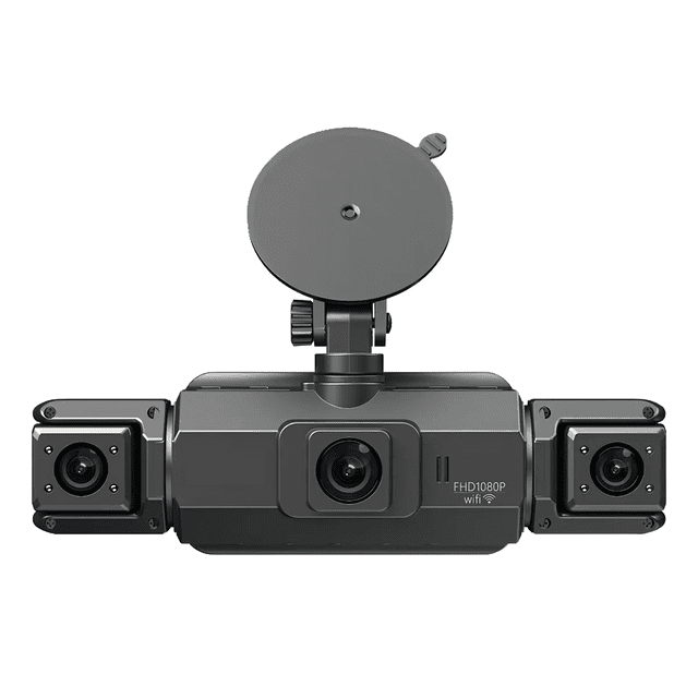 cámara para vehículo w5 1080p 360° 4 lentes wifi visión nocturna 64gb belug frontal centrada con cuatro lentes visibles; cuerpo gris con lente principal central gran angular y módulos izquierdo y derecho cuadrados; ventosa y soporte de montaje en la parte superior; texto 'FHD1080P wifi' y tornillos visibles en las carcasas; fondo blanco neutro. A menudo usada como accesorio exterior para registro de estacionamiento o grabación de viajes.