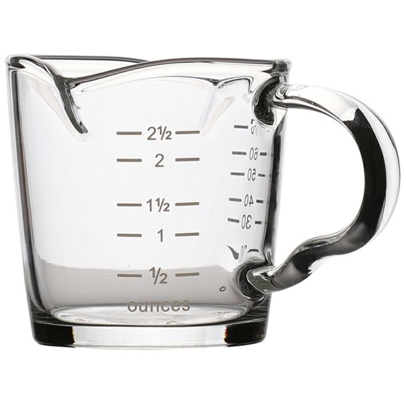 taza medidora de vidrio resistente a la temperatura con dos bocas y escala.