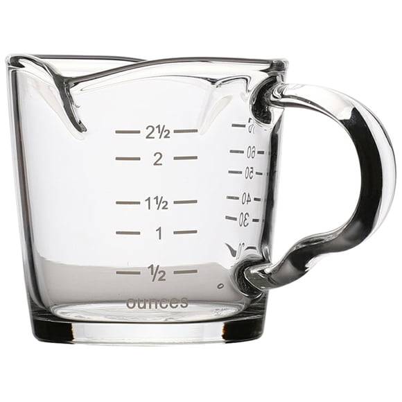 taza medidora de vidrio resistente a la temperatura con dos bocas y escala.