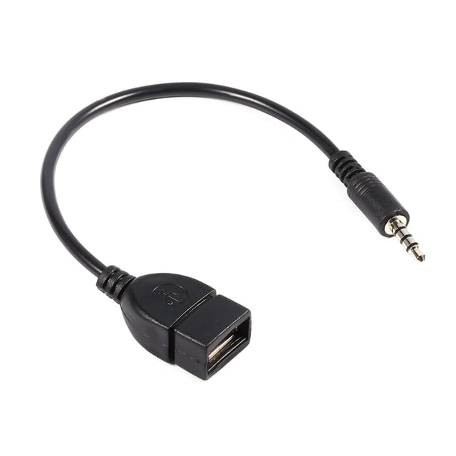 adaptador de cable auxiliar auxiliar de 3,5 mm a usb, conector auxiliar de audio macho de 3,5 mm cable de la sola, cable de aprox. 20 cm color black con conector 3.5 mm TRS macho y puerto USB tipo A hembra, vista centrada sobre fondo blanco; solo funciona con sistemas que decodifican MP3 y suele usarse para conectar memorias USB a entradas Aux compatibles.