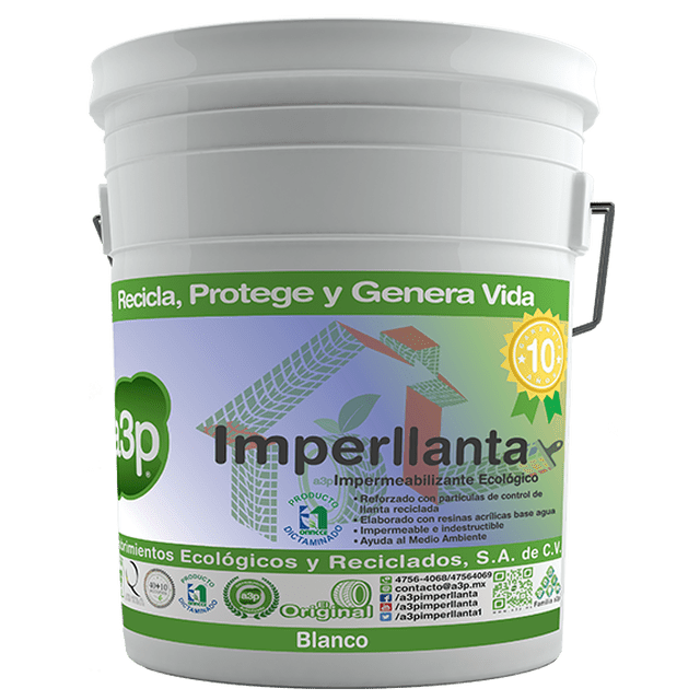 impermeabilizante para techos a3p imperllanta cubeta de 19 litros cubeta frontal con asa metálica y tapa, etiqueta verde y morada con logo a3p y texto 'Recicla, Protege y Genera Vida', producto descrito como 100% ecológico y elaborado con caucho reciclado, color terracota según título, vista centrada a nivel frontal; apto para impermeabilizar techos, reducir calor y ruido y a menudo usado como capa aislante temporal en proyectos pequeños.